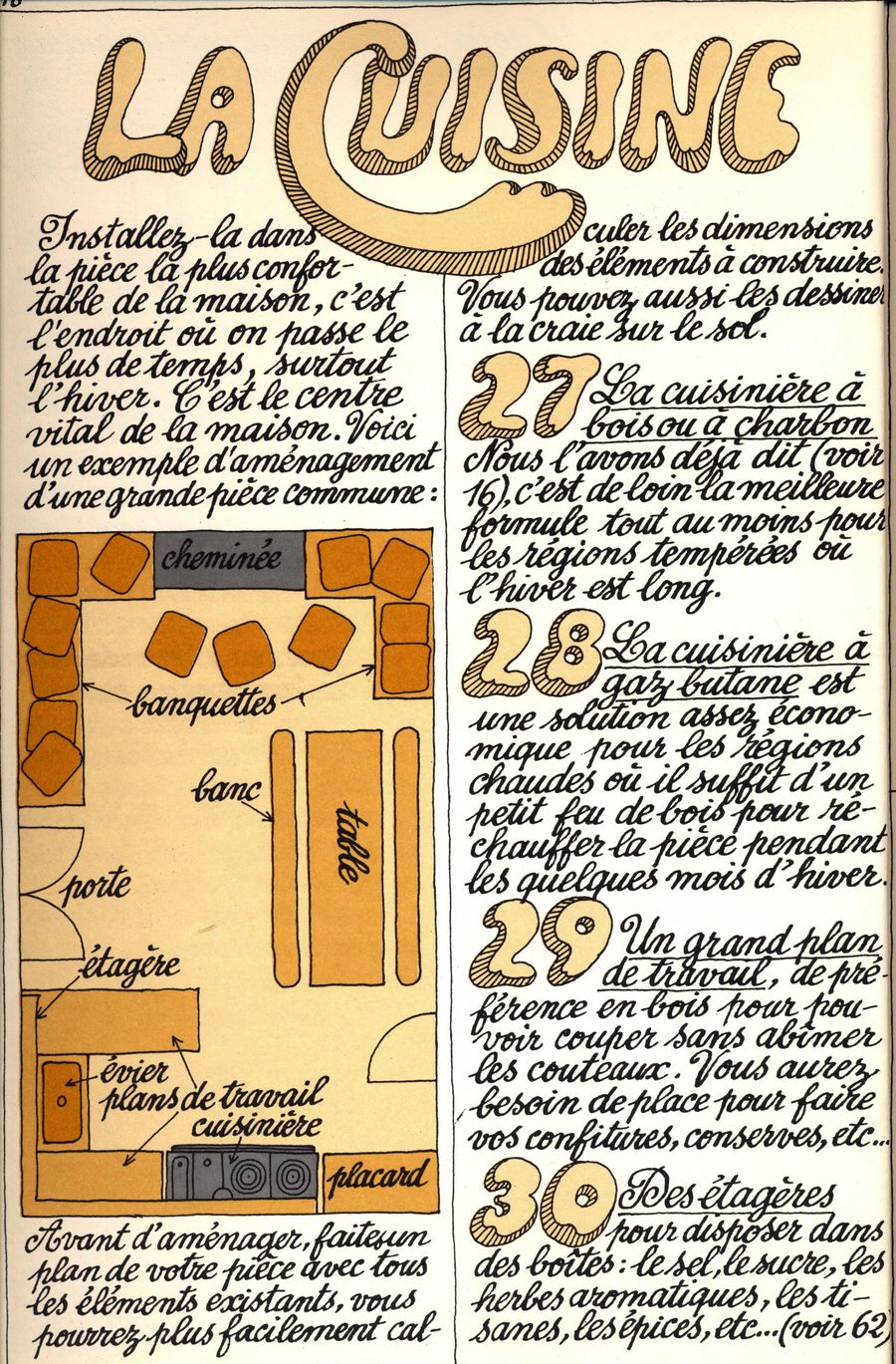 27 - la cuisinière à bois ou à charbon - 28 - la cuisinière à gaz butane - 29 - un grand plan de travail - 30 - des étagères