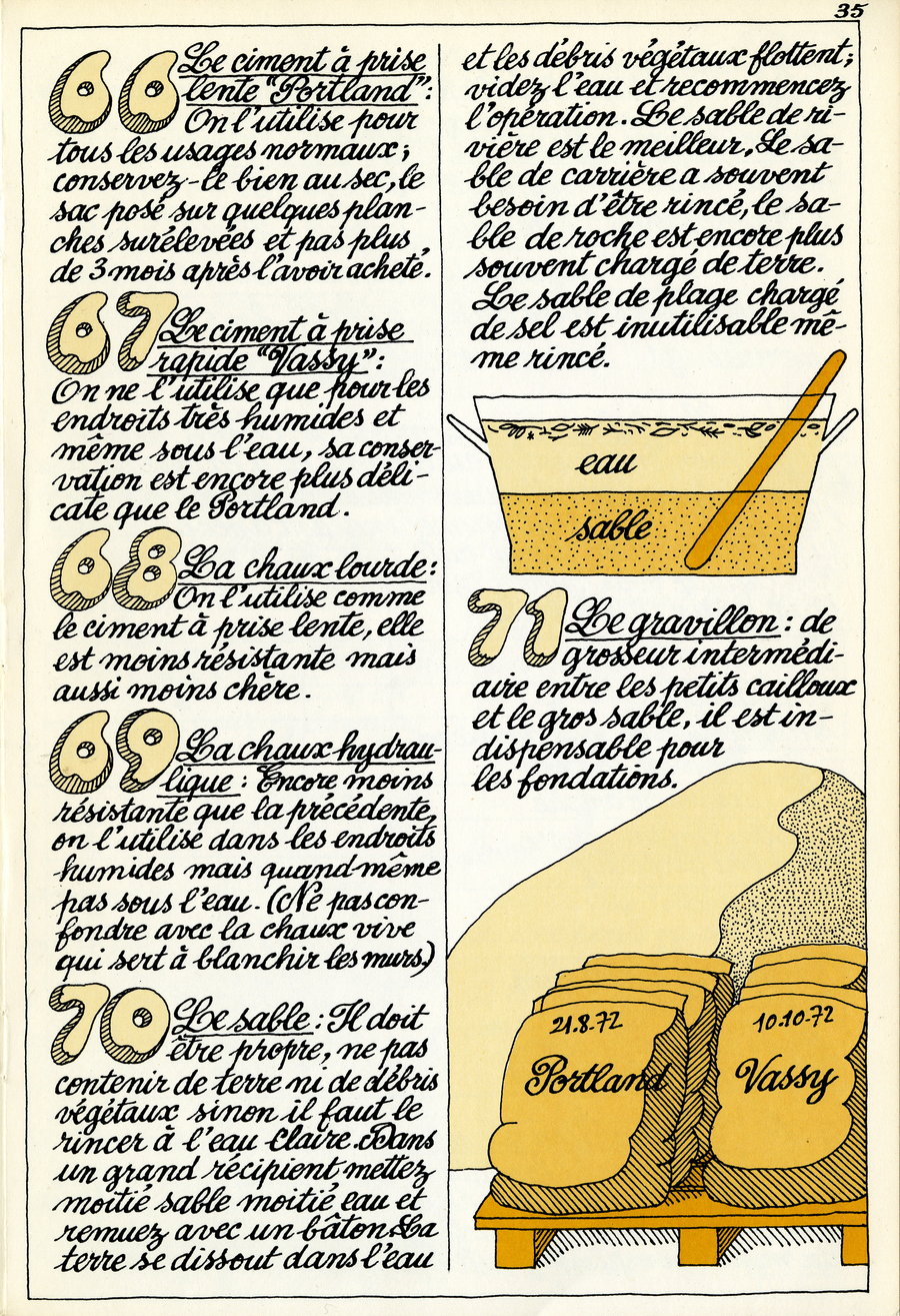 66 - le ciment à prise lente "portland" - 67 - le ciment à prise rapide "vassy" - 68 - la chaux lourde - 69 - la chaux hydrolique - 70 - le sable - 71 - le gravillon