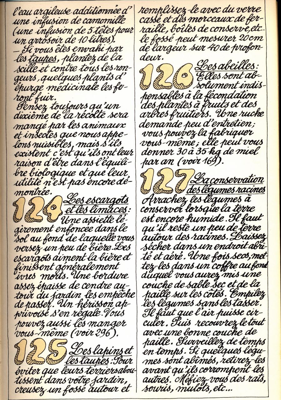 124 - les escargots et les limaces - 125 - les lapins et les taupes - 126 - les abeilles - 127 - la conservation des légumes racines