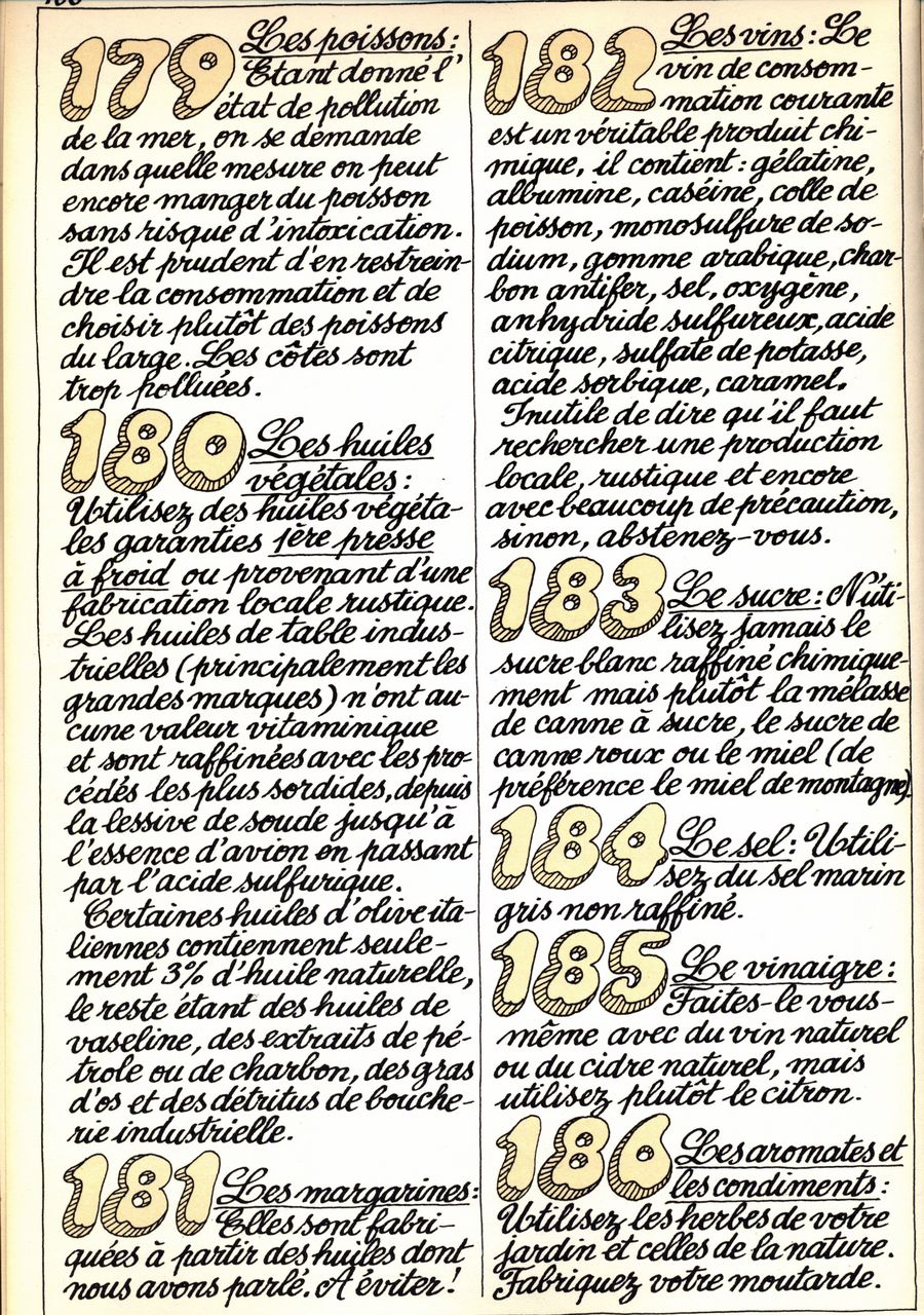 179 - les poissons - 180 - les huiles végétales - 181 - les margarines - 182 - les vins - 183 - le sucre - 184 - le sel - 185 - le vinaigre - 186 - les aromates et les condiments