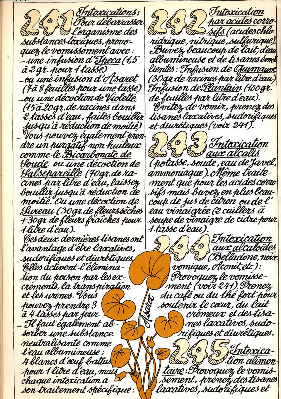 241 - intoxications - 242 - intoxication par acides corrosifs - 243 - intoxication aux alcalis - 244 - intoxication aux alcaloïdes - 245 - intoxication alimentaire