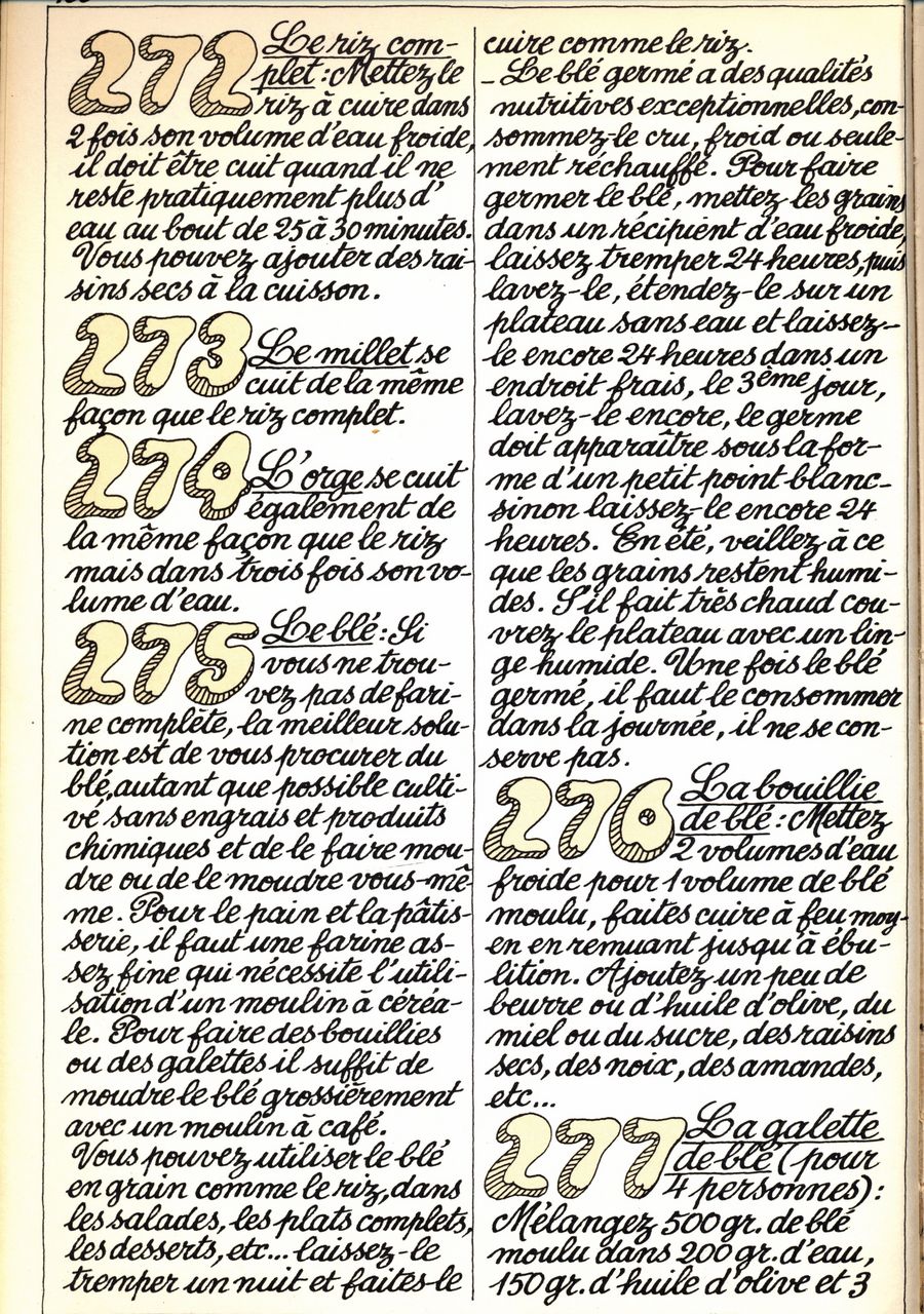 272 - le riz complet - 273 - le millet - 274 - l'orge - 275 - le blé - 276 - la bouillie de blé - 277 - la galette de blé