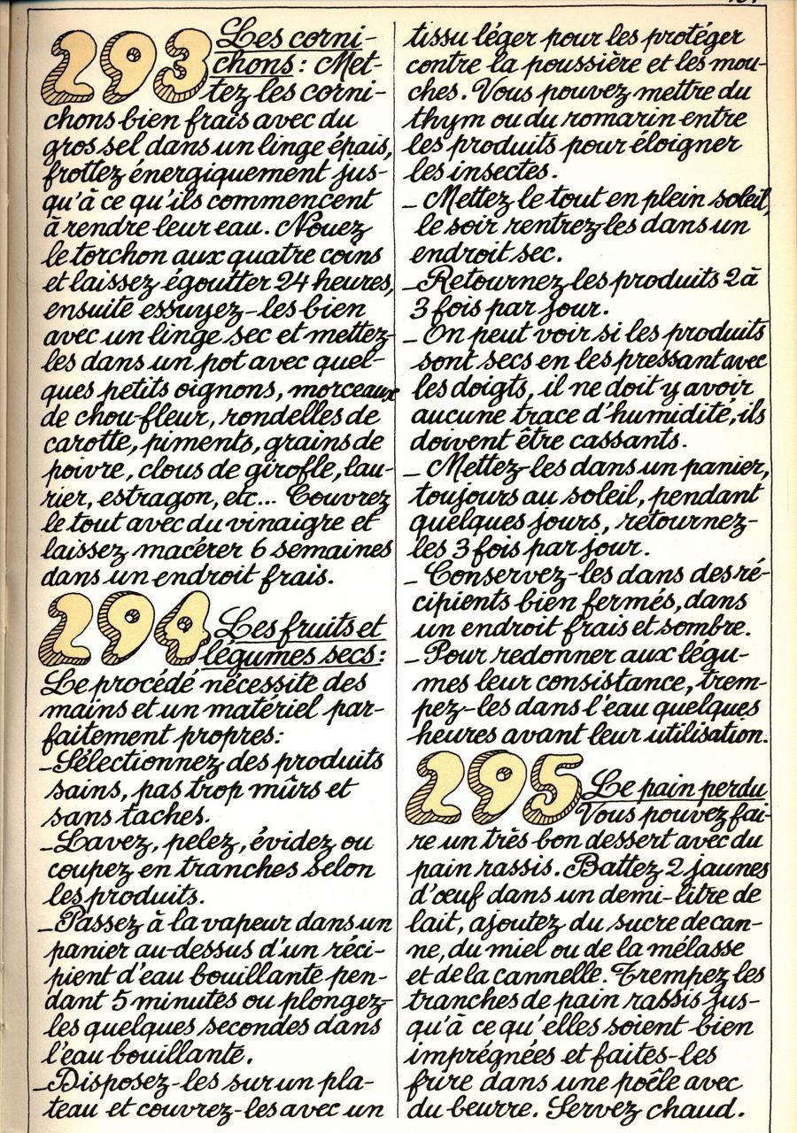 293 - les cornichons - 294 - les fruits et légumes secs - 295 - le pain perdu